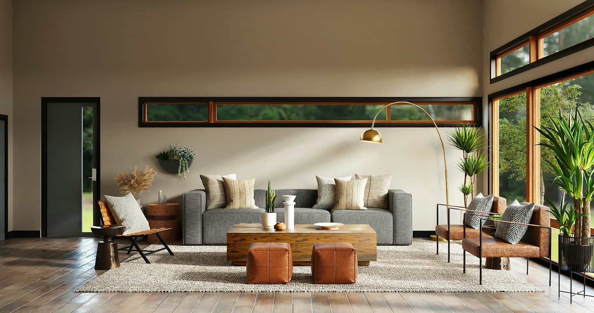 Intérieur moderne avec canapé, table basse, plante verte et grande baie vitrée